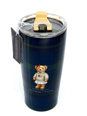 French Connection Teddy Bear 20 oz Travel Tumbler Navy Plaid Locking Lid NWT